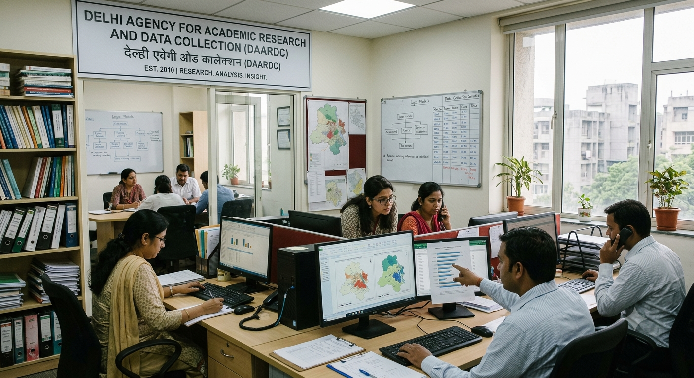 Academic researchers analyzing quantitative datasets and survey programming frameworks at McKinley Research in New Delhi.