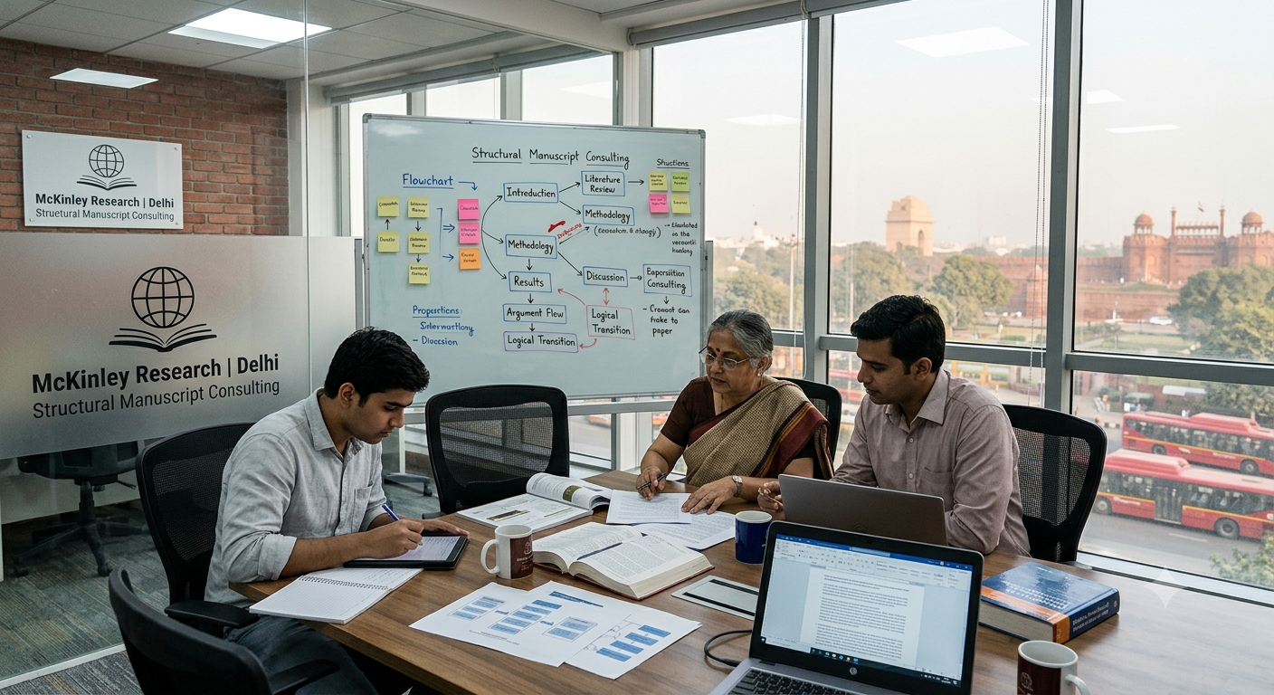 Senior academic research consultants at McKinley Research in New Delhi evaluating literature review architecture, empirical sampling frameworks, and journal publication compliance layouts during a scholar advisory session.